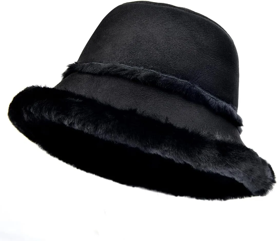 Harssidanzar Mens and Womens Winter Shearling Bucket Hat Lambskin Leather Warm Fisherman Cap CU608US