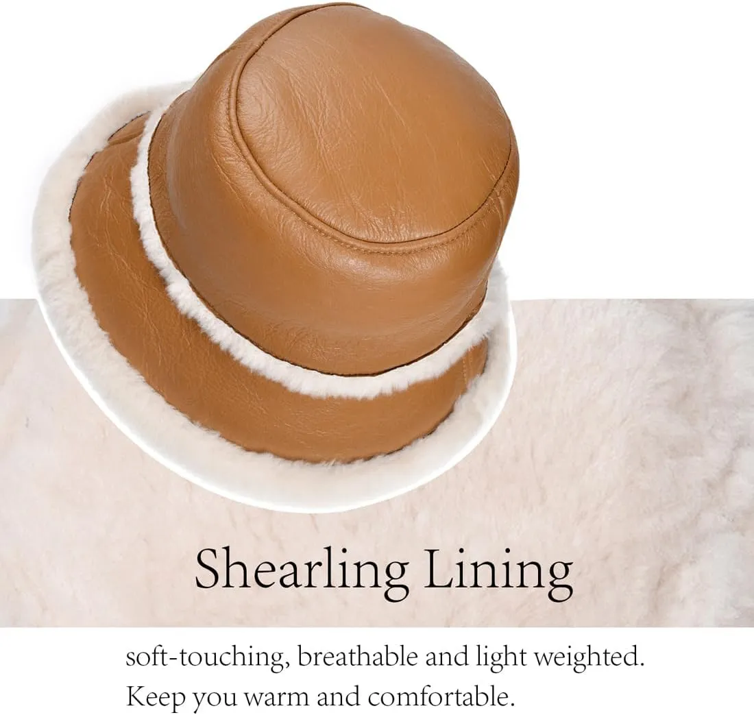 Harssidanzar Mens and Womens Winter Shearling Bucket Hat Lambskin Leather Warm Fisherman Cap CU608US