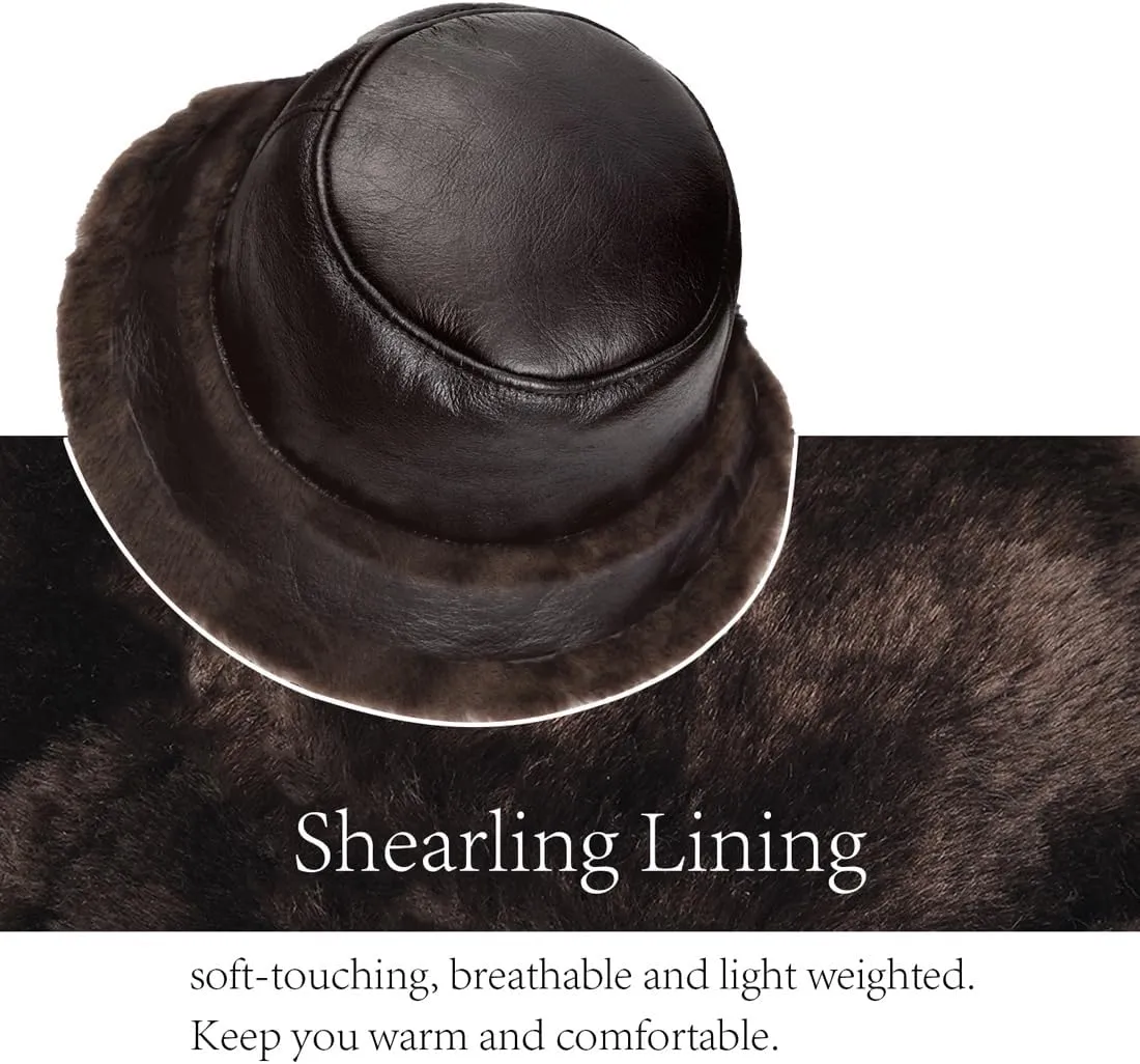 Harssidanzar Mens and Womens Winter Shearling Bucket Hat Lambskin Leather Warm Fisherman Cap CU608US