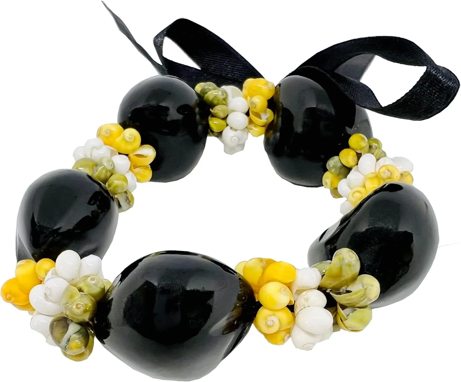 Hawaiian Jewelry Handmade Hawaii Black Kukui Nut Tri-Color Mongo Shell Elastic Bracelet