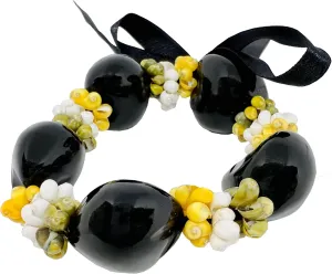 Hawaiian Jewelry Handmade Hawaii Black Kukui Nut Tri-Color Mongo Shell Elastic Bracelet