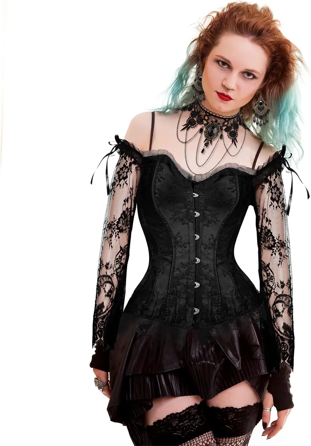 Haysandy Halloween Women Gothic Punk Vampire Accessories Corset Tops with Sleeve Corset Lace Choker Necklace Bracelet Earring