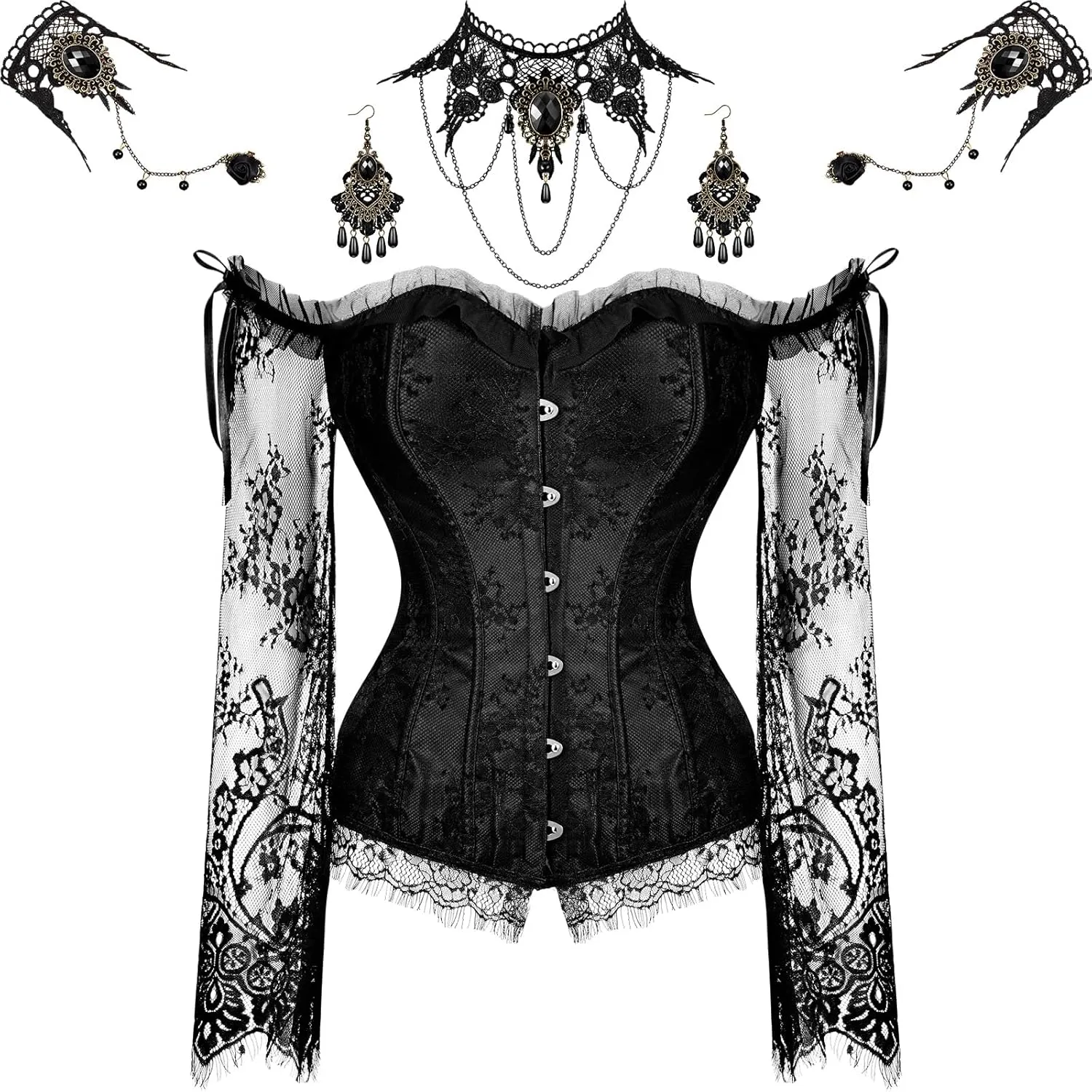 Haysandy Halloween Women Gothic Punk Vampire Accessories Corset Tops with Sleeve Corset Lace Choker Necklace Bracelet Earring