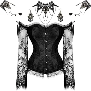 Haysandy Halloween Women Gothic Punk Vampire Accessories Corset Tops with Sleeve Corset Lace Choker Necklace Bracelet Earring