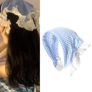 Head Scarf Headbands for Women Trendy Hair Kerchief Bandanas Triangle Hair Scarves Hairband Blue Plaid Headband with White Lace Tartan Hair Scarf French Headwrap Hair Accessories for Costume Party