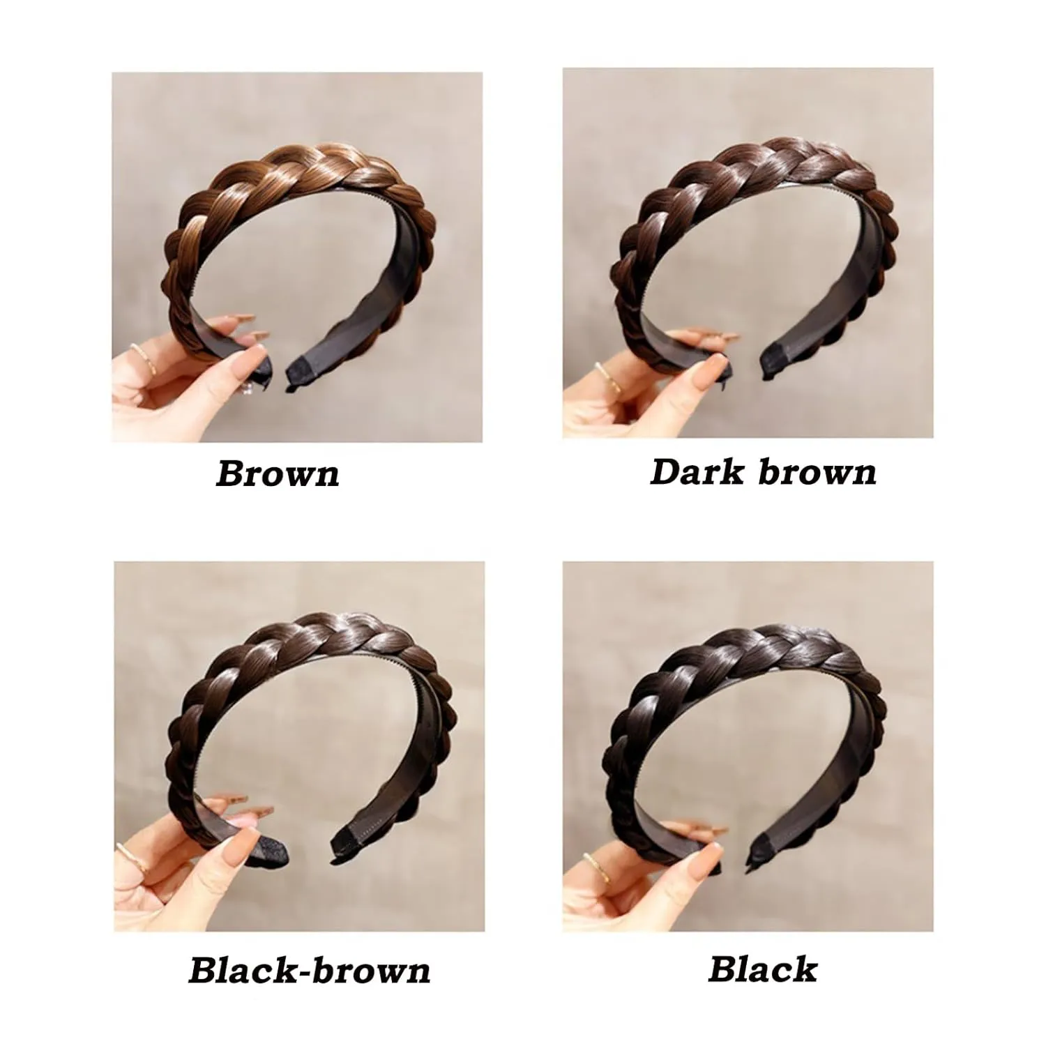 Headband 3 Strands Synthetic Hair Plaited Headband Braid Braided With Teeth Hair Band Beauty accessory Stretch Braid Headbands Hairpiece for Women (Black brown-3 Strands)