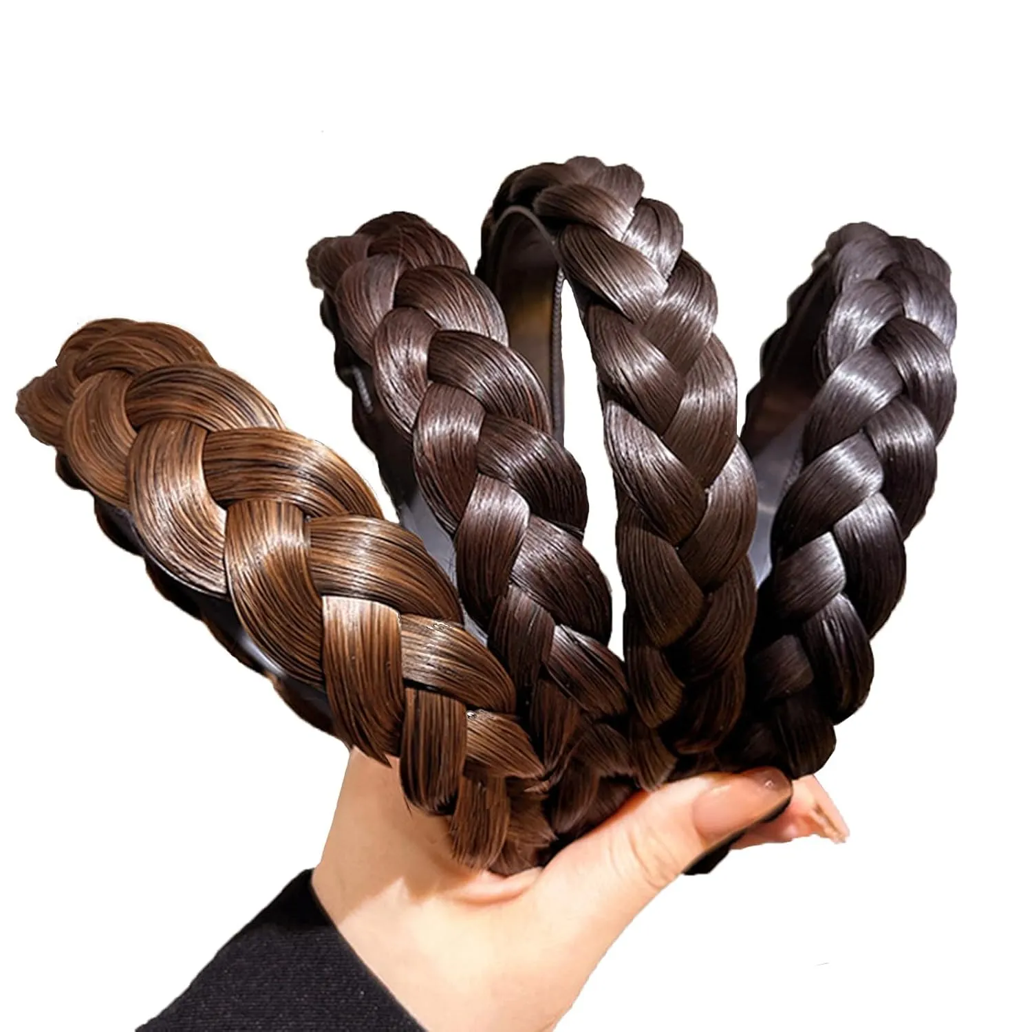 Headband 3 Strands Synthetic Hair Plaited Headband Braid Braided With Teeth Hair Band Beauty accessory Stretch Braid Headbands Hairpiece for Women (Black brown-3 Strands)