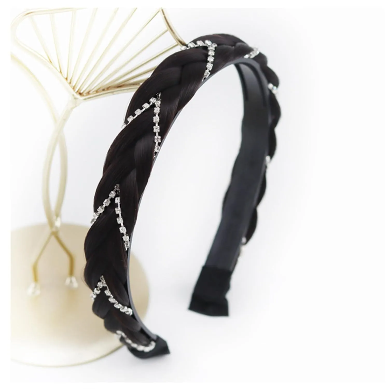 Headband 4 Strands Synthetic Hair Plaited Headband Braid Braided With Teeth Hair Band Beauty accessory Stretch Braid Headbands Hairpiece for Women (Black Brown, Width 0.8 Inch)