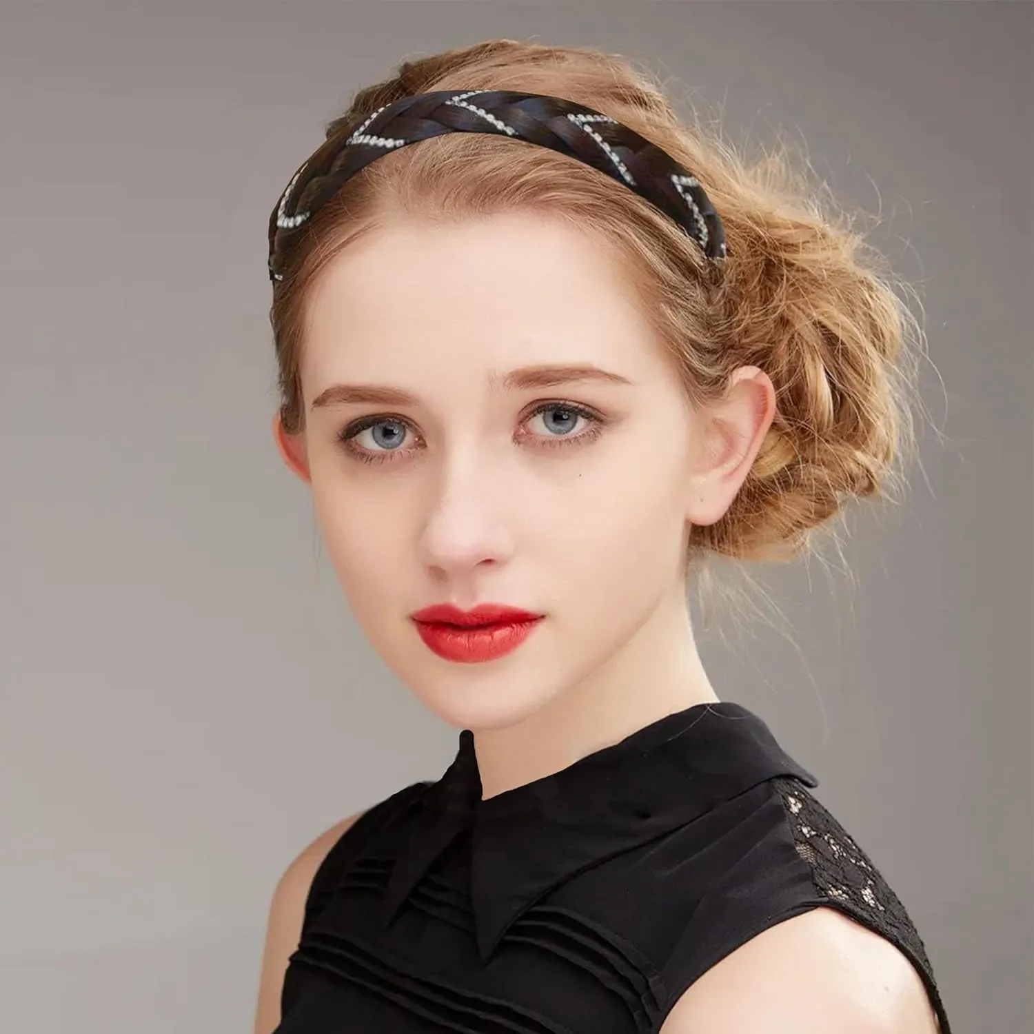 Headband 4 Strands Synthetic Hair Plaited Headband Braid Braided With Teeth Hair Band Beauty accessory Stretch Braid Headbands Hairpiece for Women (Black Brown, Width 0.8 Inch)