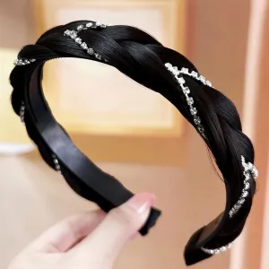 Headband 4 Strands Synthetic Hair Plaited Headband Braid Braided With Teeth Hair Band Beauty accessory Stretch Braid Headbands Hairpiece for Women (Black Brown, Width 0.8 Inch)