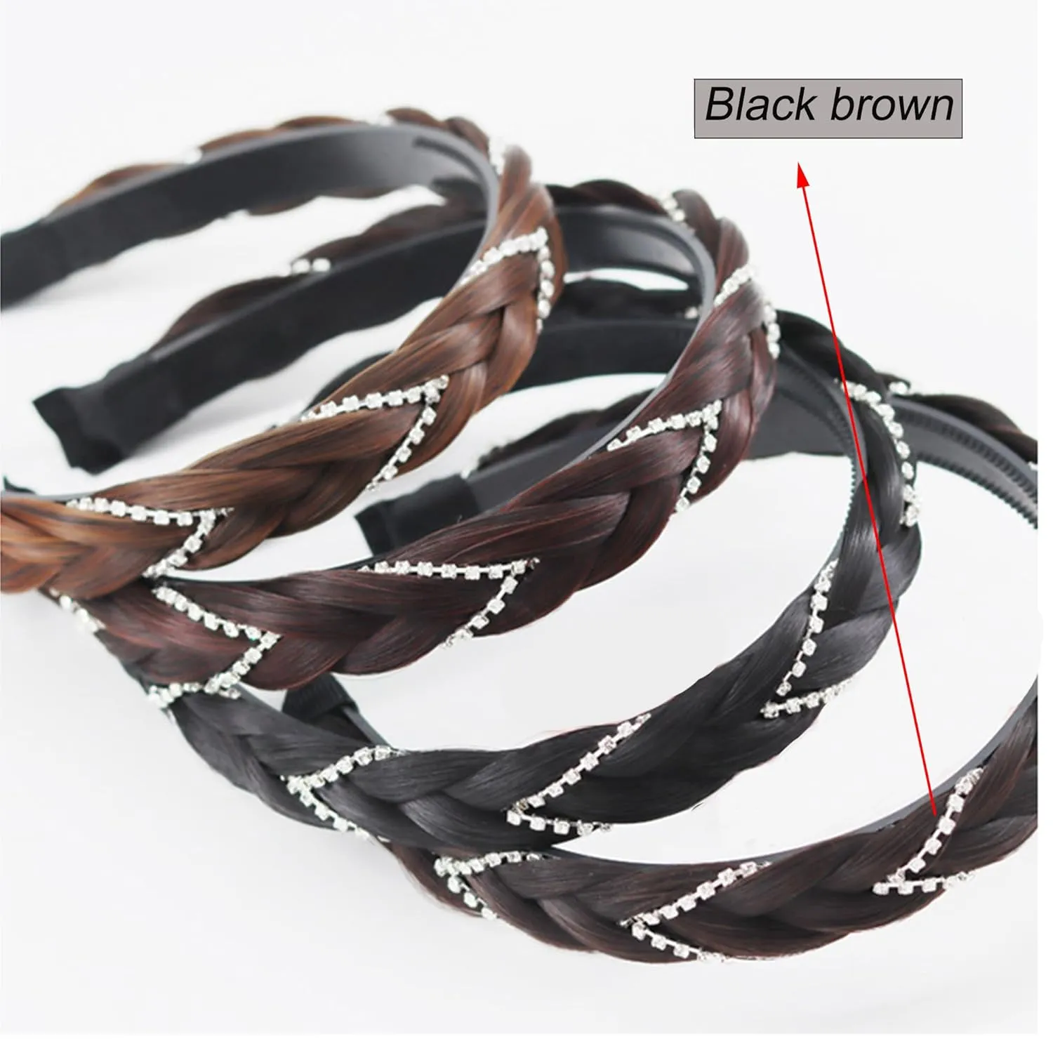Headband 4 Strands Synthetic Hair Plaited Headband Braid Braided With Teeth Hair Band Beauty accessory Stretch Braid Headbands Hairpiece for Women (Black Brown, Width 0.8 Inch)