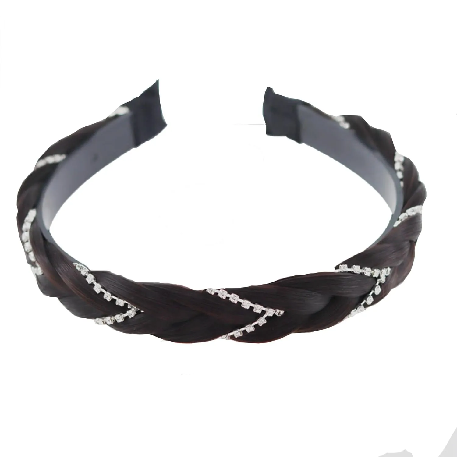 Headband 4 Strands Synthetic Hair Plaited Headband Braid Braided With Teeth Hair Band Beauty accessory Stretch Braid Headbands Hairpiece for Women (Black Brown, Width 0.8 Inch)