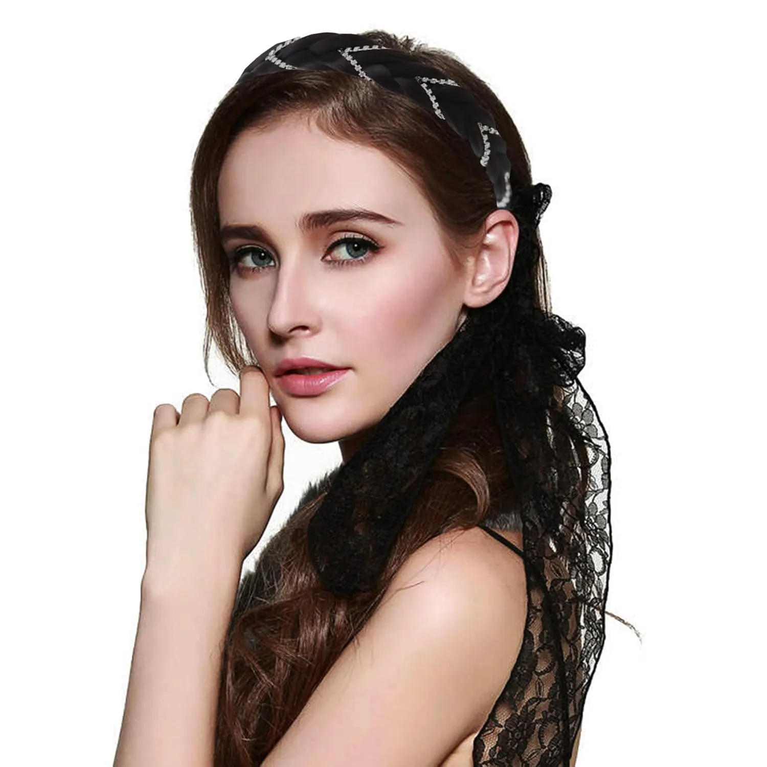 Headband 4 Strands Synthetic Hair Plaited Headband Braid Braided With Teeth Hair Band Beauty accessory Stretch Braid Headbands Hairpiece for Women (Black Brown, Width 0.8 Inch)