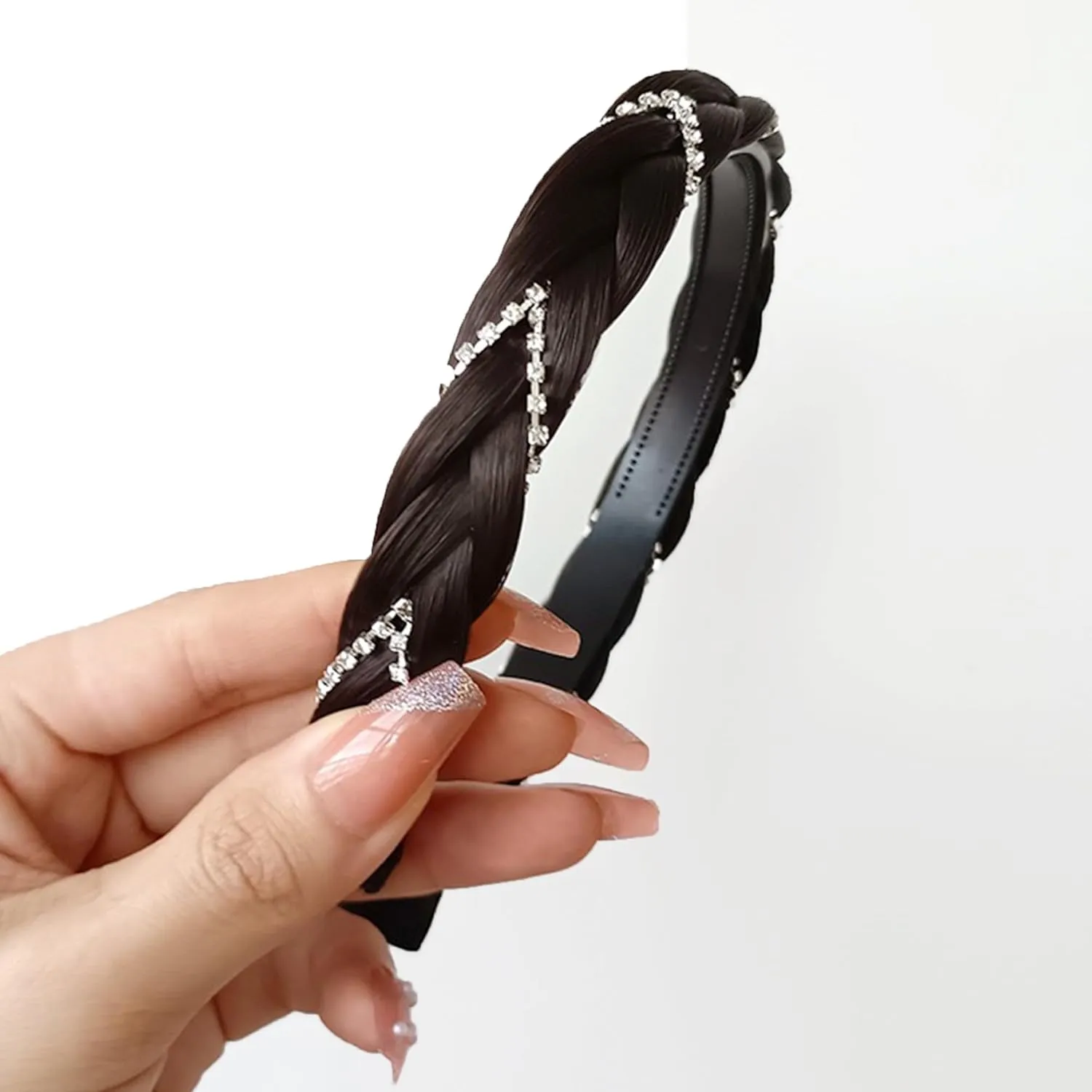 Headband 4 Strands Synthetic Hair Plaited Headband Braid Braided With Teeth Hair Band Beauty accessory Stretch Braid Headbands Hairpiece for Women (Black Brown, Width 0.8 Inch)