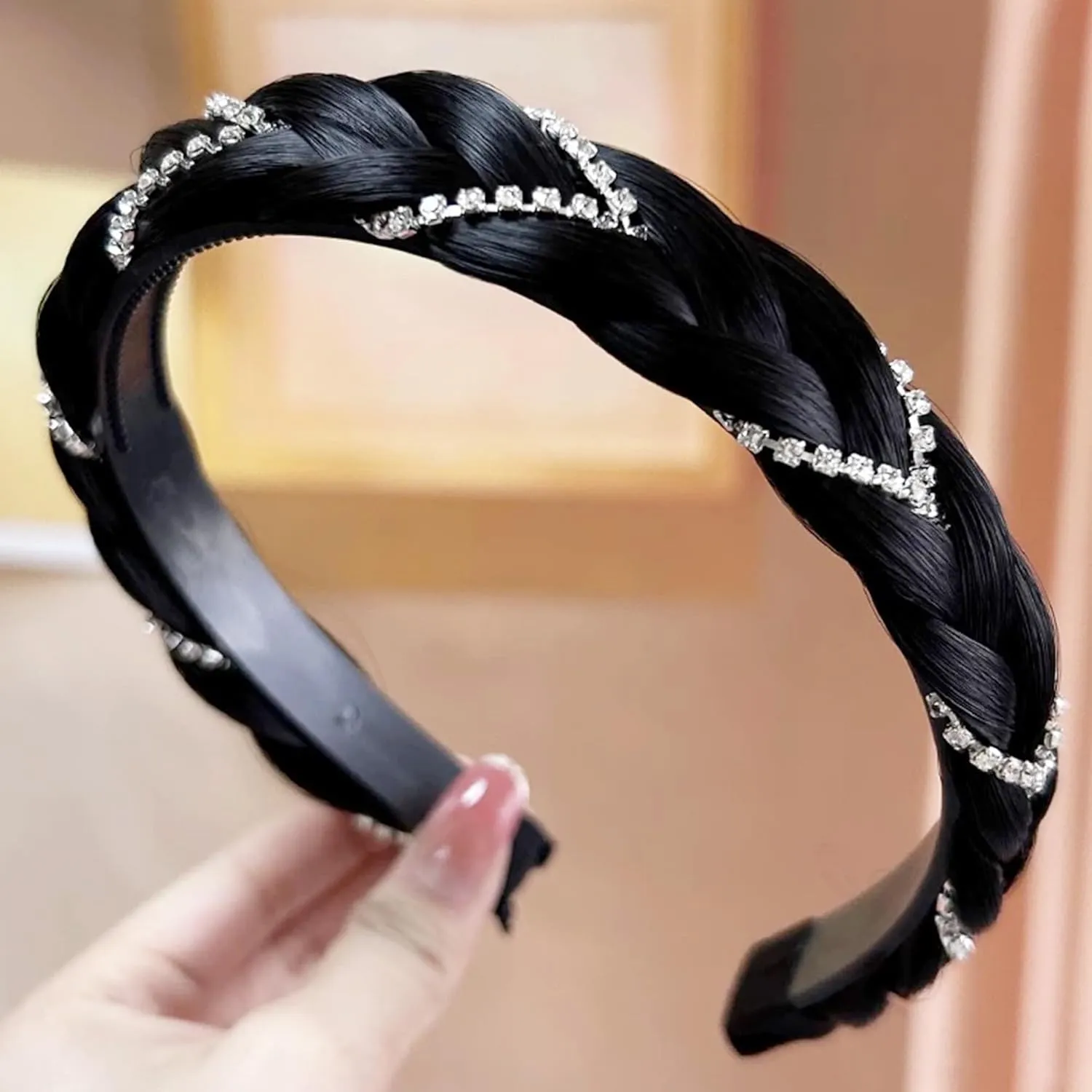 Headband 4 Strands Synthetic Hair Plaited Headband Braid Braided With Teeth Hair Band Beauty accessory Stretch Braid Headbands Hairpiece for Women (Black, Width 0.8 Inch)