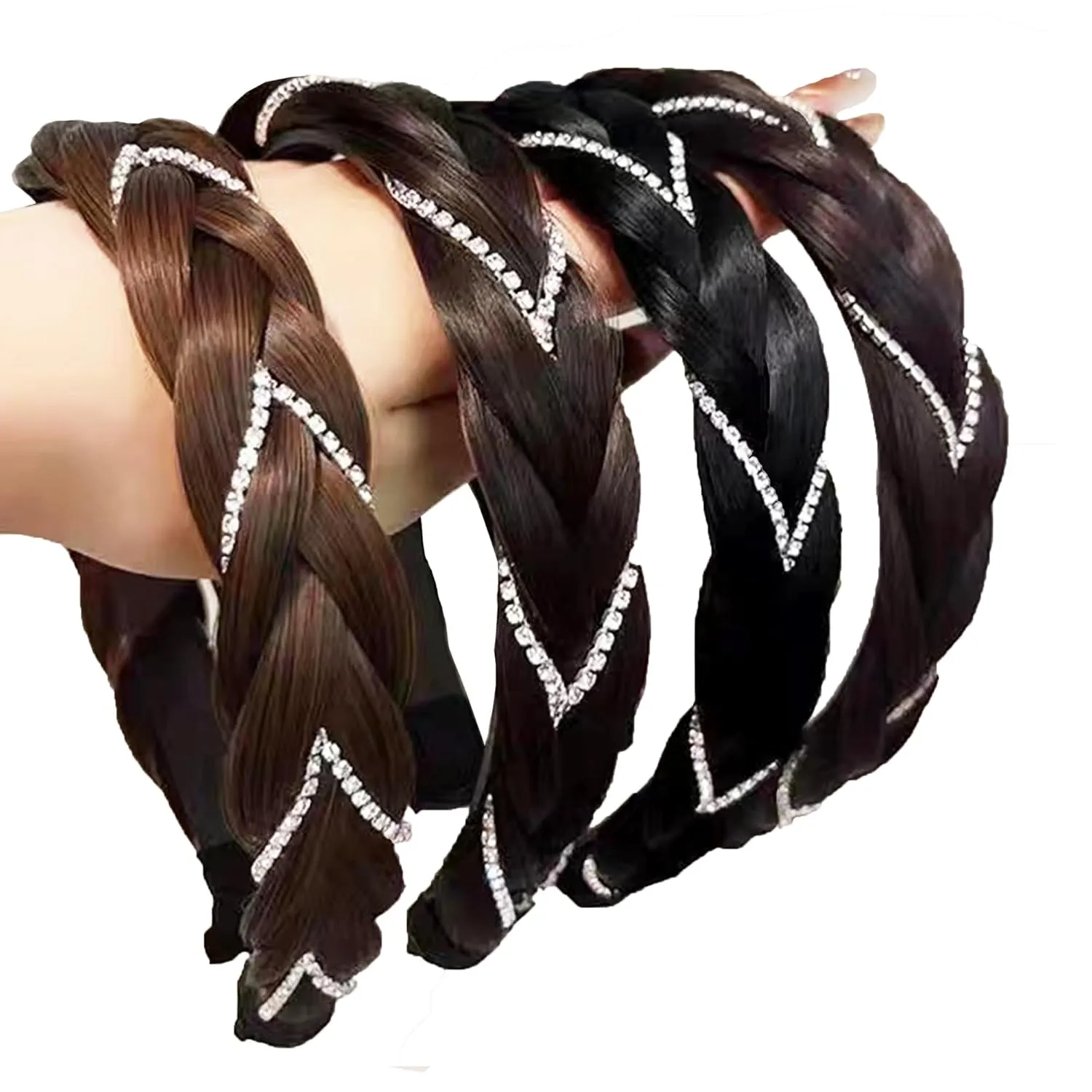 Headband 4 Strands Synthetic Hair Plaited Headband Braid Braided With Teeth Hair Band Beauty accessory Stretch Braid Headbands Hairpiece for Women (Black, Width 0.8 Inch)