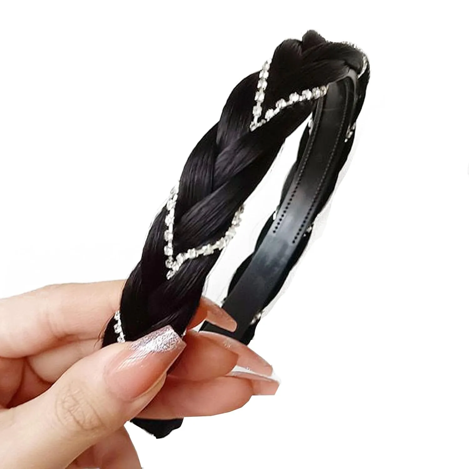 Headband 4 Strands Synthetic Hair Plaited Headband Braid Braided With Teeth Hair Band Beauty accessory Stretch Braid Headbands Hairpiece for Women (Black, Width 0.8 Inch)