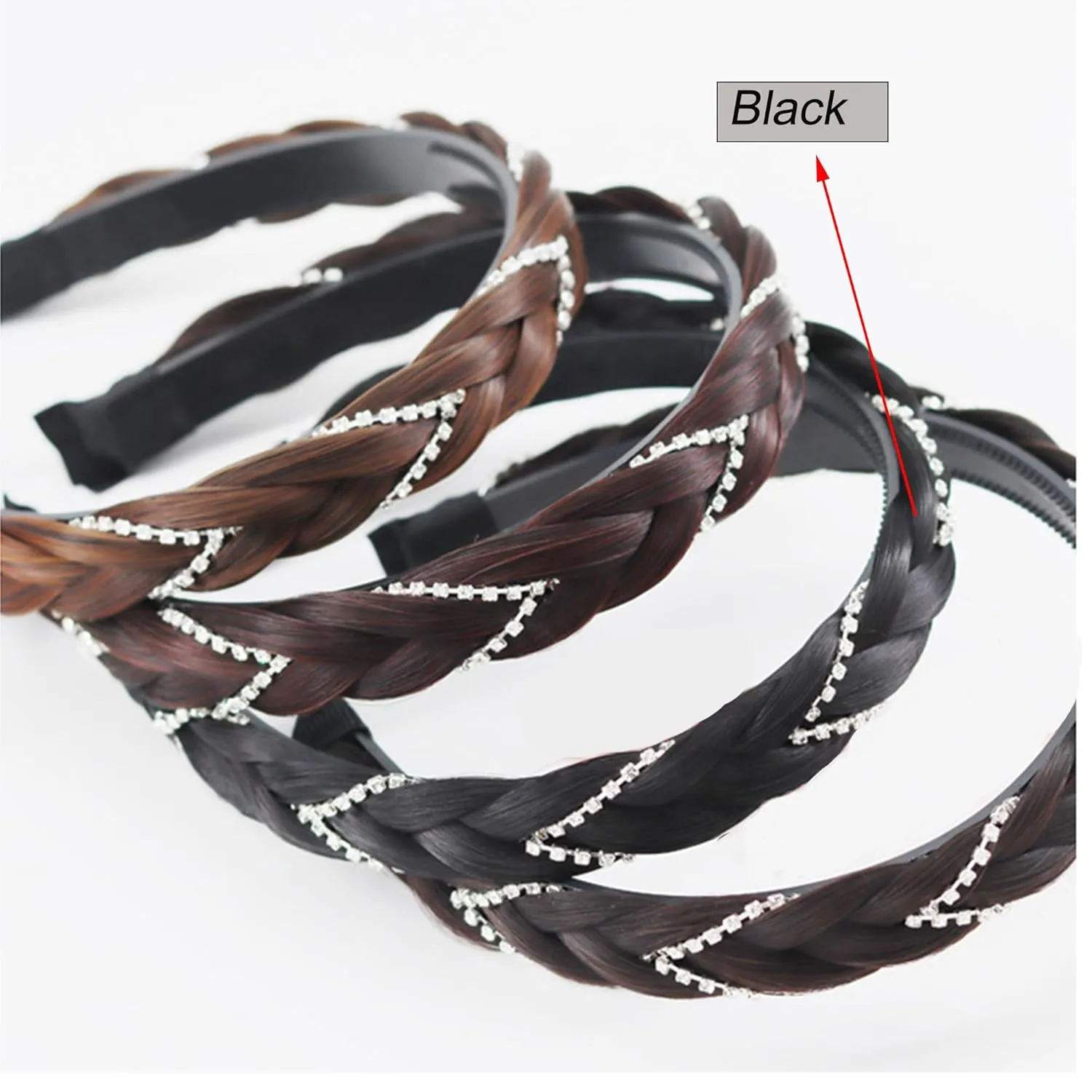 Headband 4 Strands Synthetic Hair Plaited Headband Braid Braided With Teeth Hair Band Beauty accessory Stretch Braid Headbands Hairpiece for Women (Black, Width 0.8 Inch)