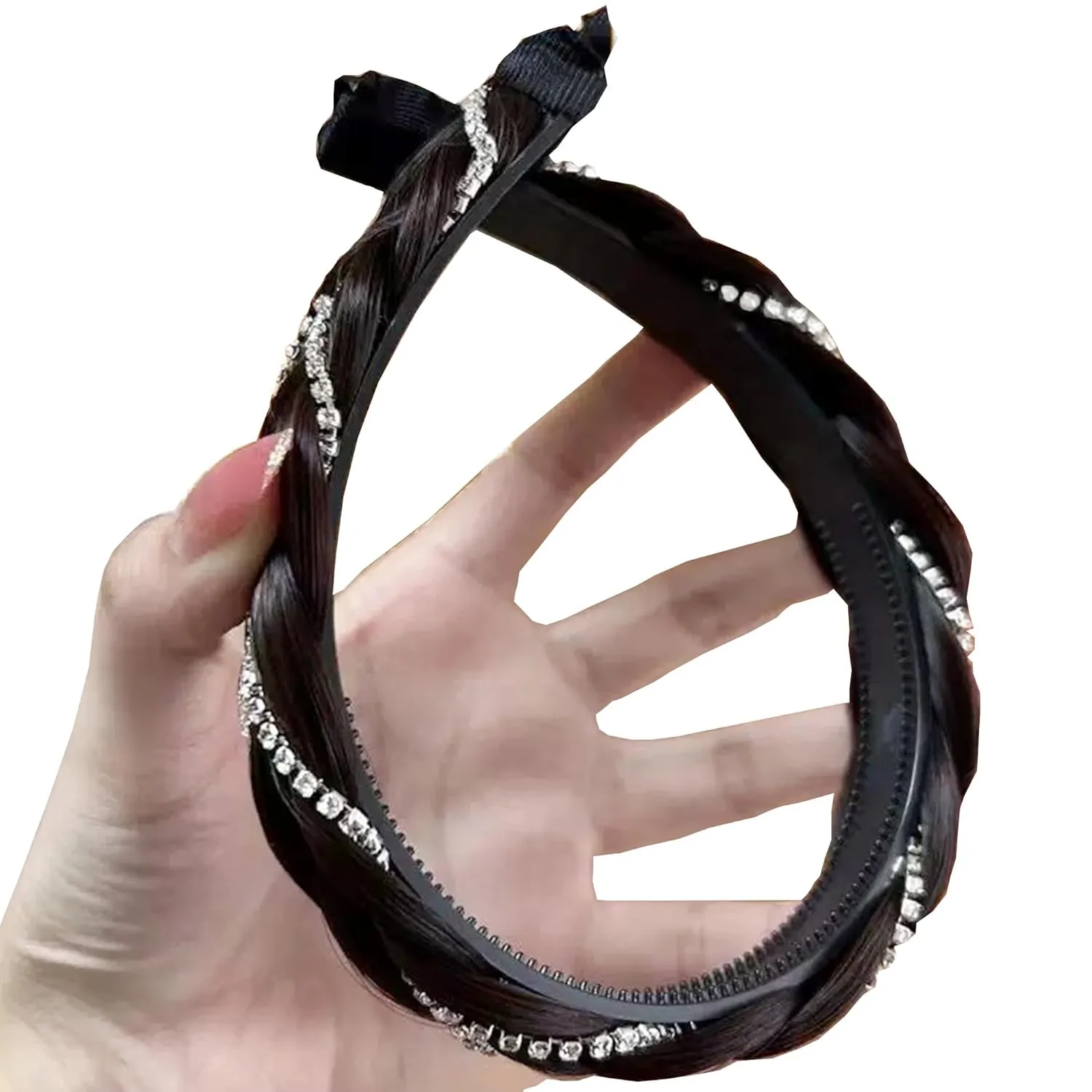 Headband 4 Strands Synthetic Hair Plaited Headband Braid Braided With Teeth Hair Band Beauty accessory Stretch Braid Headbands Hairpiece for Women (Black, Width 0.8 Inch)