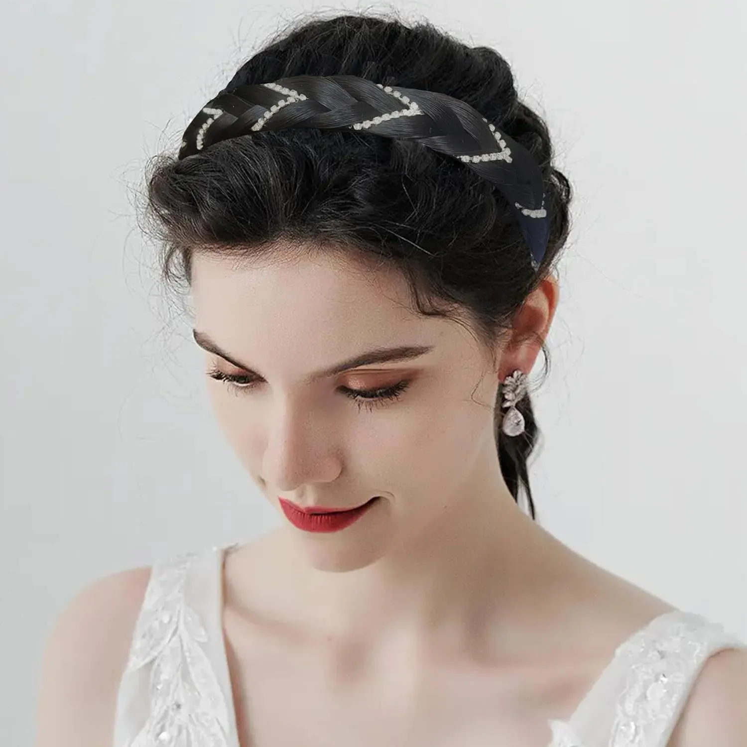 Headband 4 Strands Synthetic Hair Plaited Headband Braid Braided With Teeth Hair Band Beauty accessory Stretch Braid Headbands Hairpiece for Women (Black, Width 0.8 Inch)