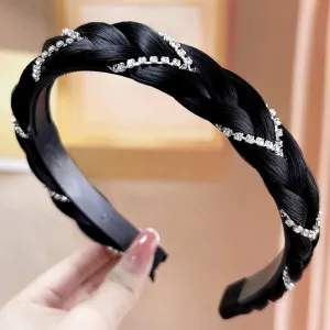 Headband 4 Strands Synthetic Hair Plaited Headband Braid Braided With Teeth Hair Band Beauty accessory Stretch Braid Headbands Hairpiece for Women (Black, Width 0.8 Inch)