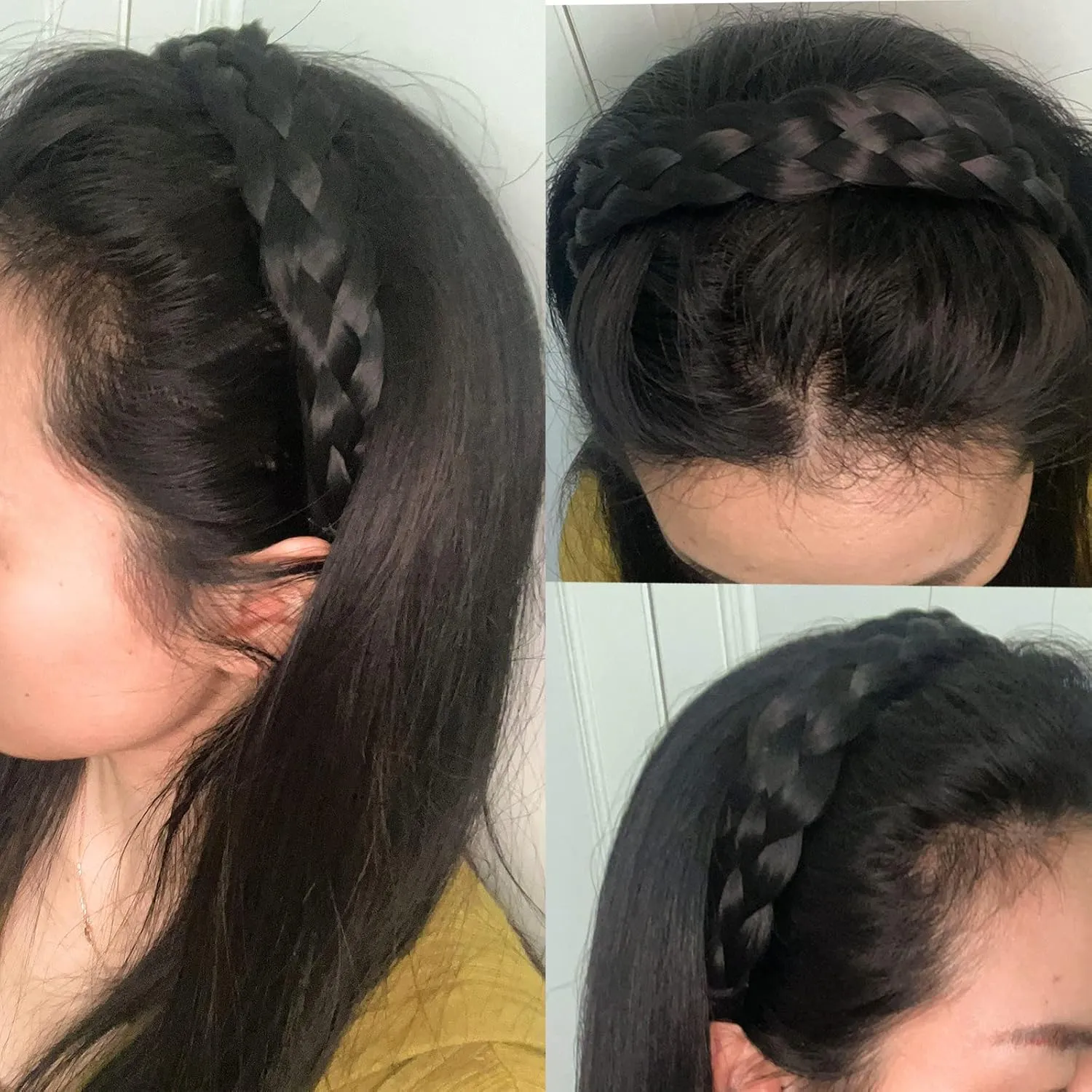 Headband 4 Strands Synthetic Hair Plaited Headband Braid Braided With Teeth Hair Band Beauty accessory Stretch Braid Headbands Hairpiece for Women (Black)