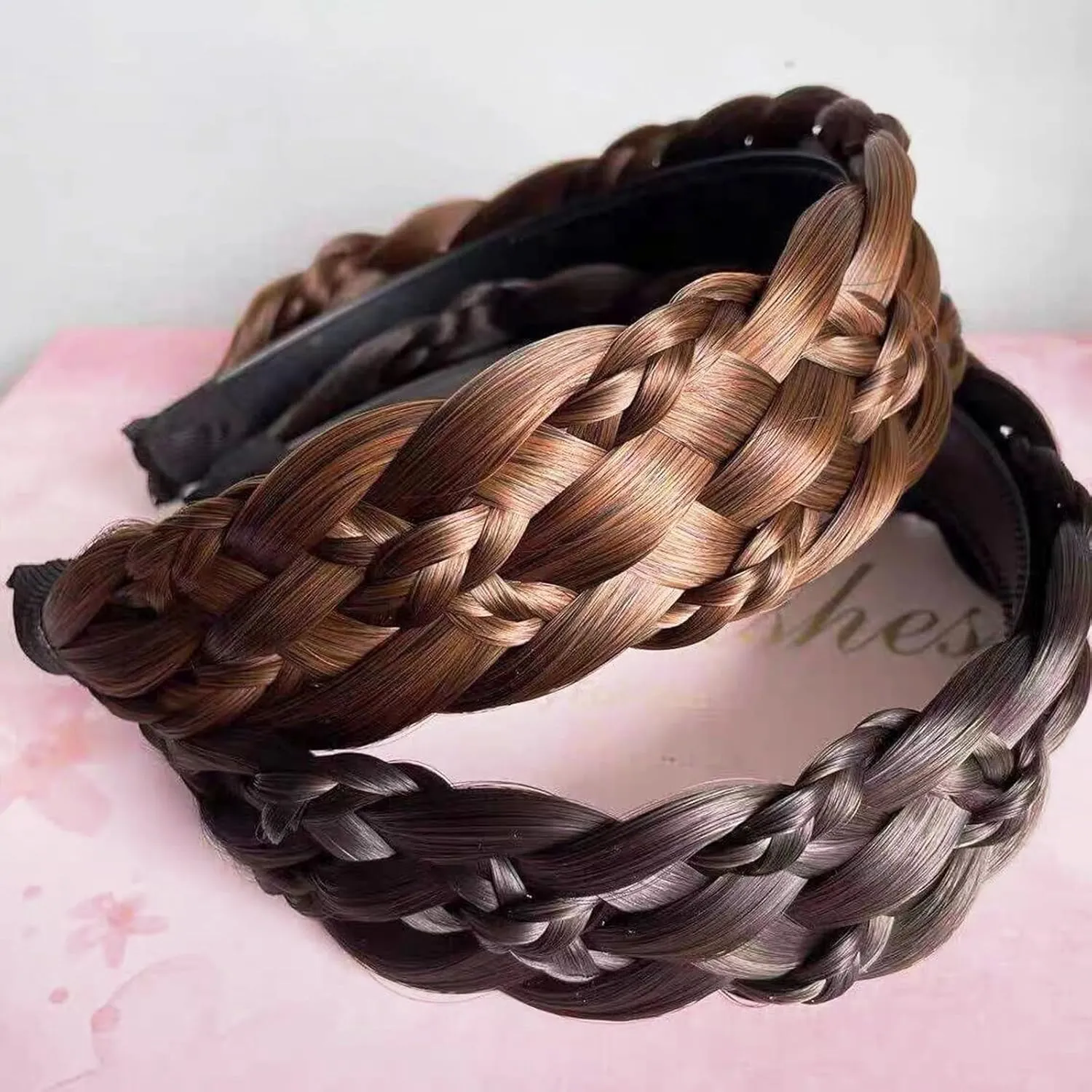 Headband 5 Strands Synthetic Hair Plaited Headband Braid Braided With Teeth Hair Band Beauty accessory Stretch Braid Headbands Hairpiece for Women (Black brown-Style 2)