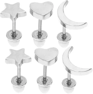Heart Stud Earrings Moon Phase Star Charm Minimalist Punk Hip Hop Stainless Steel Ear Clips Jewelry
