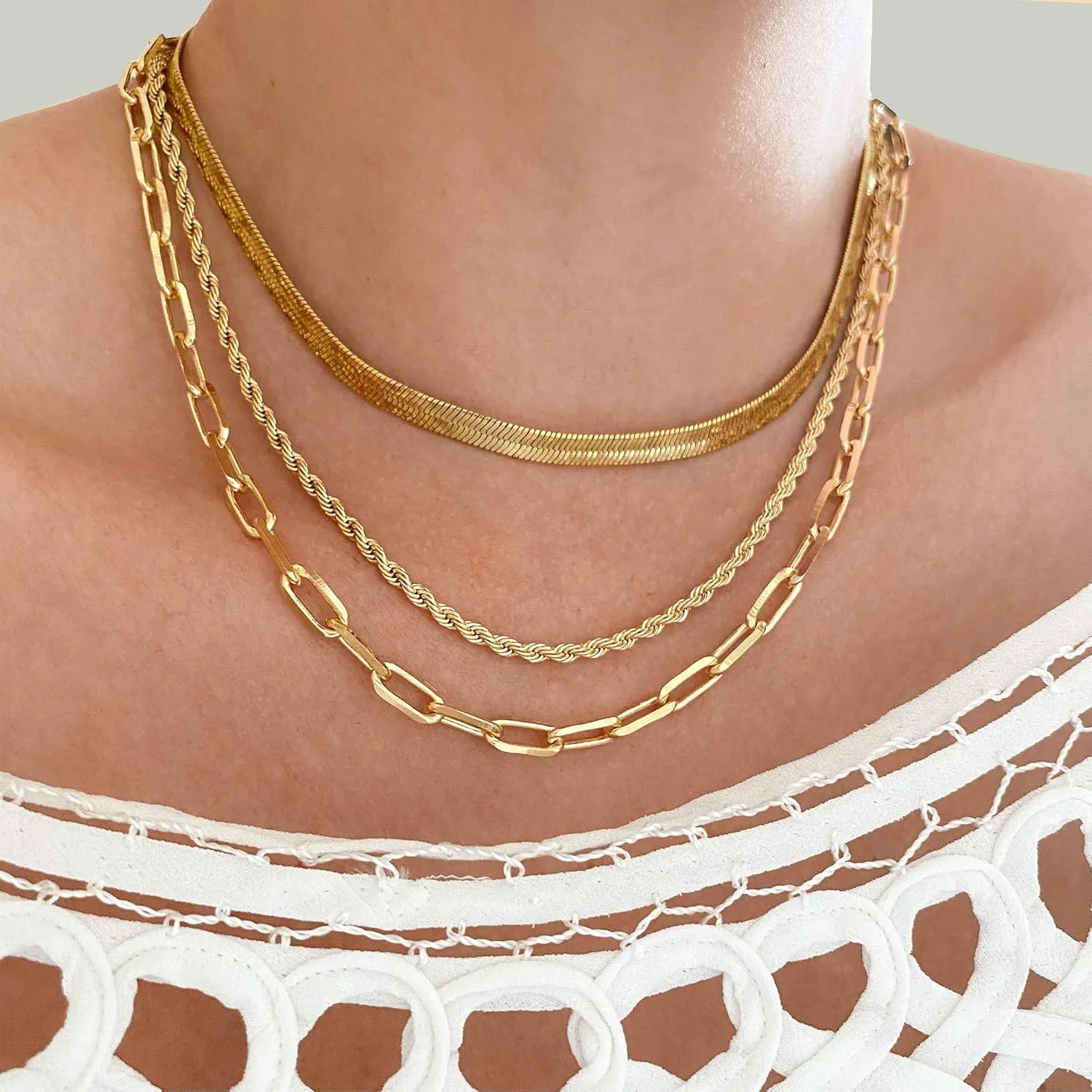 Hidepoo Gold Layered Necklaces for Women, 14K Gold Plated Dainty Coin Pendant Choker Necklace Herringbone Snake Necklace Paperclip Chain Layered Necklaces for Women Jewelry Gifts