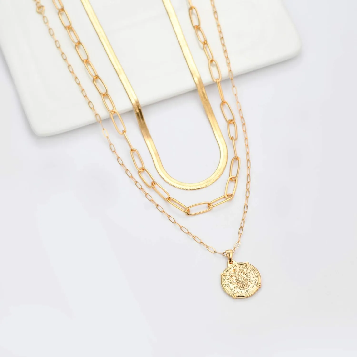 Hidepoo Gold Layered Necklaces for Women, 14K Gold Plated Dainty Coin Pendant Choker Necklace Herringbone Snake Necklace Paperclip Chain Layered Necklaces for Women Jewelry Gifts