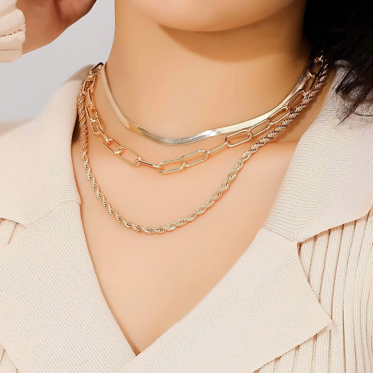 Hidepoo Gold Layered Necklaces for Women, 14K Gold Plated Dainty Coin Pendant Choker Necklace Herringbone Snake Necklace Paperclip Chain Layered Necklaces for Women Jewelry Gifts