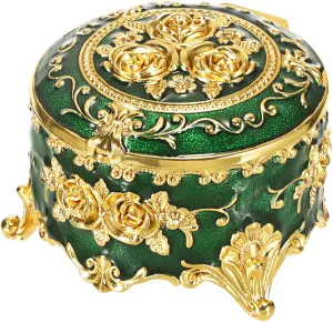Hipiwe Vintage Jewelry Box Small Trinket Storage Organizer Box Gold Metal Chest Ring Case Treasure Chest Round Keepsake Boxes for Earrings Necklace Gift for Women,Green