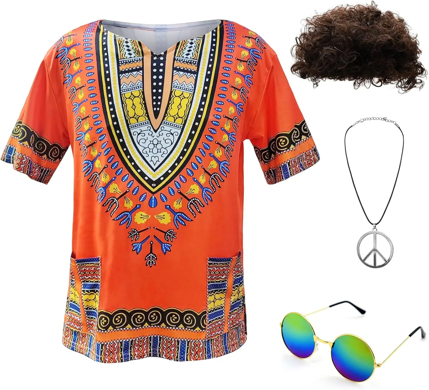 Hippie Men's 60s and 70s Hippie Clothing Tribal African Shirt Wig Sunglasses Peace Logo Necklace 4-piece Set Theme party