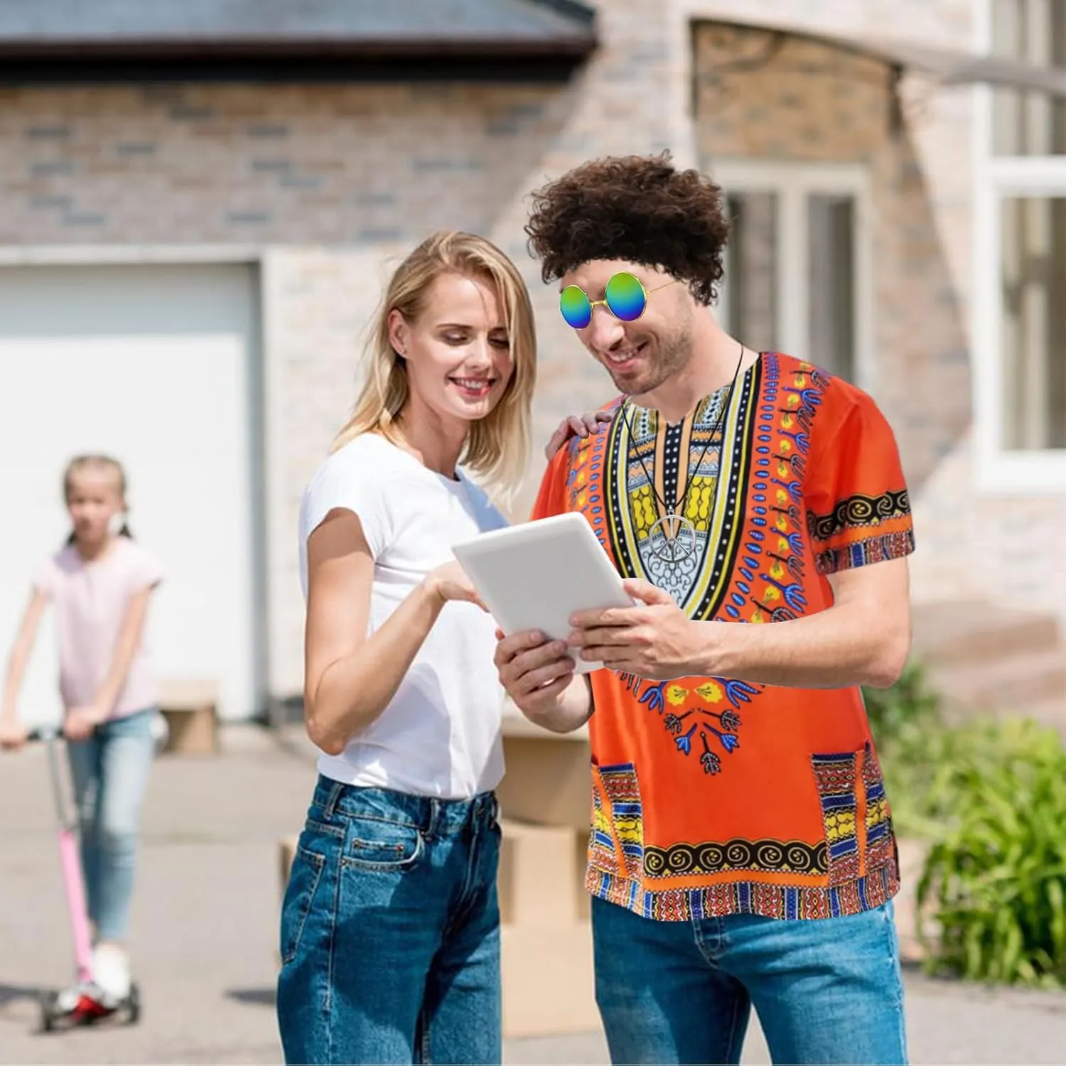 Hippie Men's 60s and 70s Hippie Clothing Tribal African Shirt Wig Sunglasses Peace Logo Necklace 4-piece Set Theme party