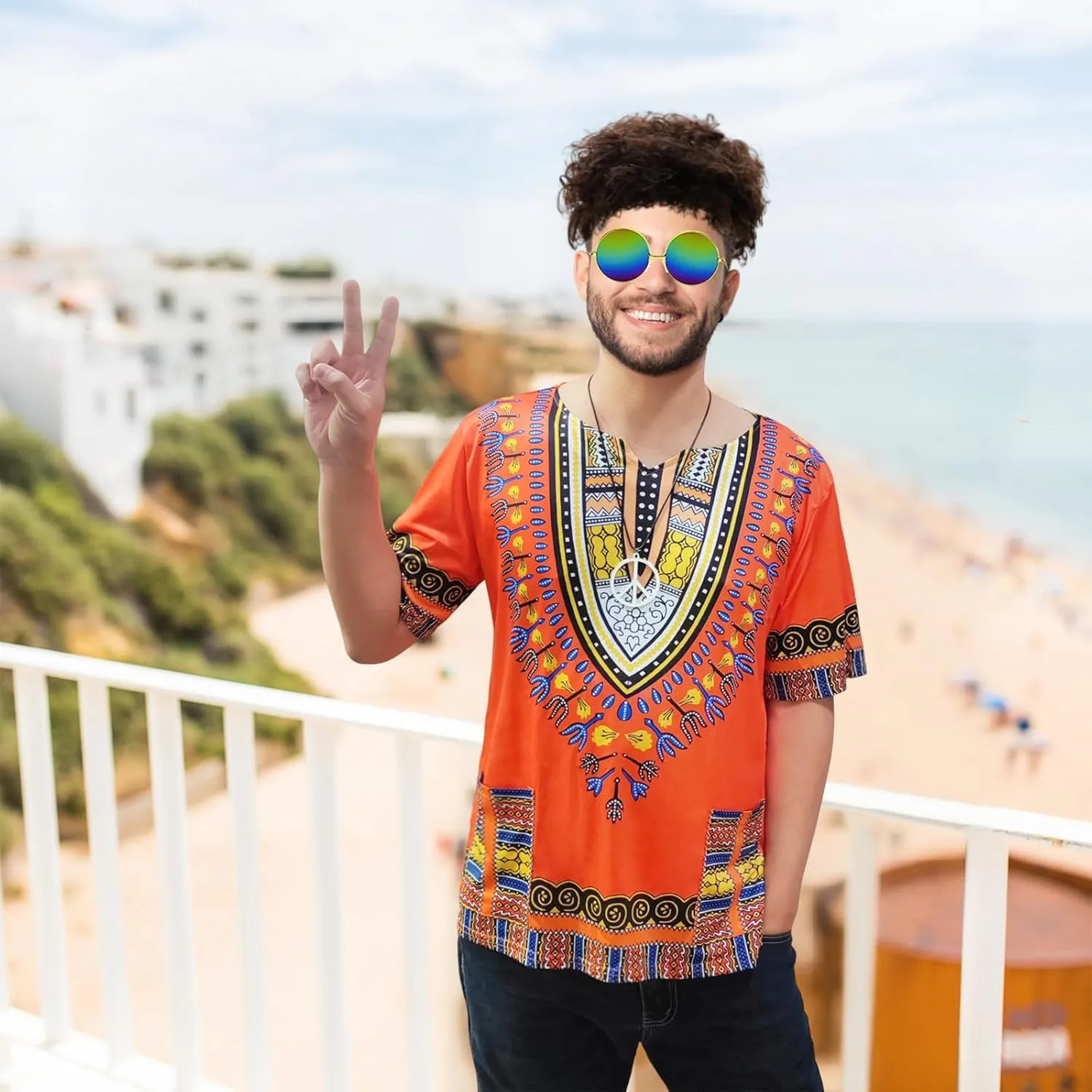 Hippie Men's 60s and 70s Hippie Clothing Tribal African Shirt Wig Sunglasses Peace Logo Necklace 4-piece Set Theme party