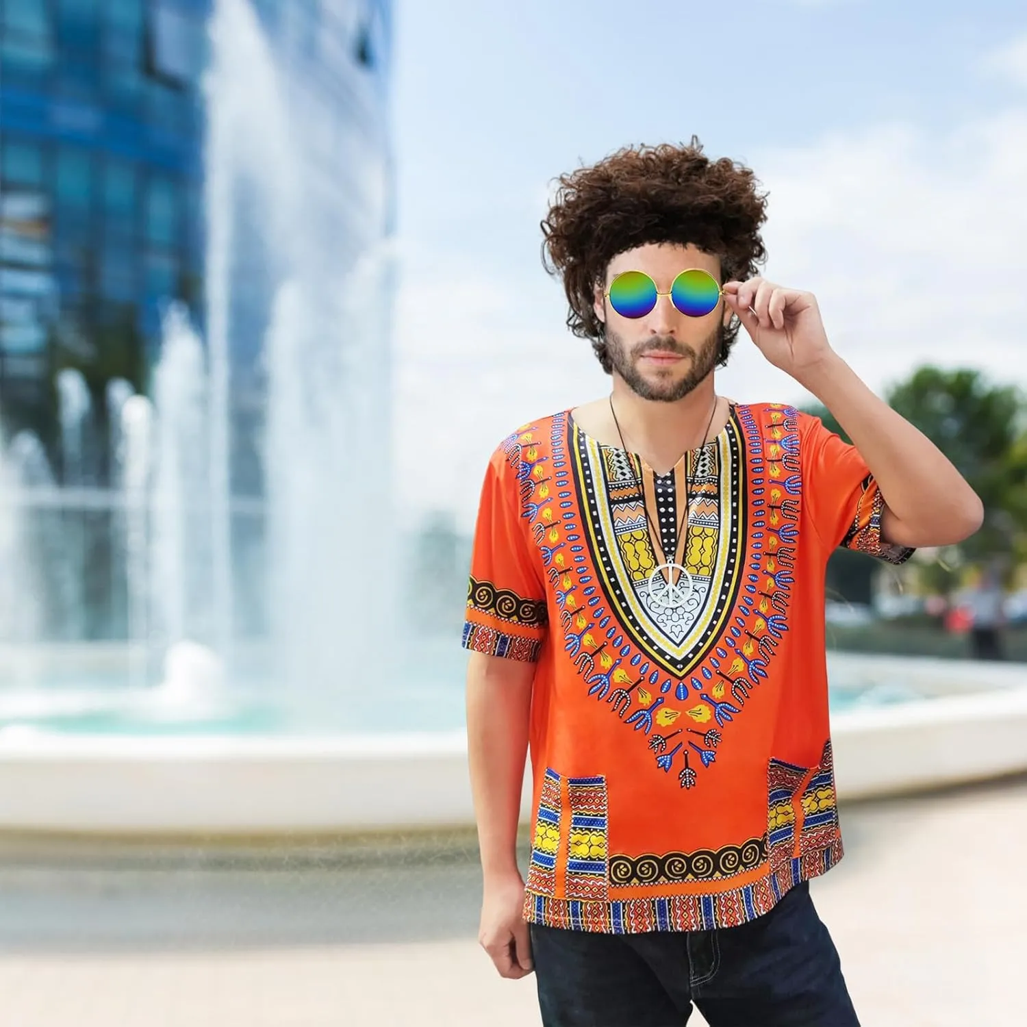 Hippie Men's 60s and 70s Hippie Clothing Tribal African Shirt Wig Sunglasses Peace Logo Necklace 4-piece Set Theme party