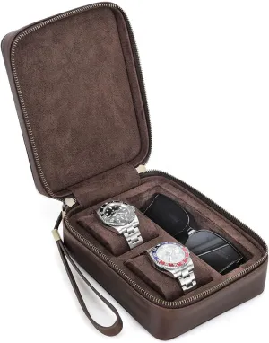 Hiram Handcrafted Vintage Crazy Horse Leather Watch Case,Dual-Zipper Triple Compartment,Detachable Carry Handle,Dedicated Eyewear Strap Storage