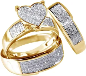 His Her Women Gold Plated Heart Cz Man Wedding Ring Band Set 3pc His and Hers Couple Ring Bridal Set