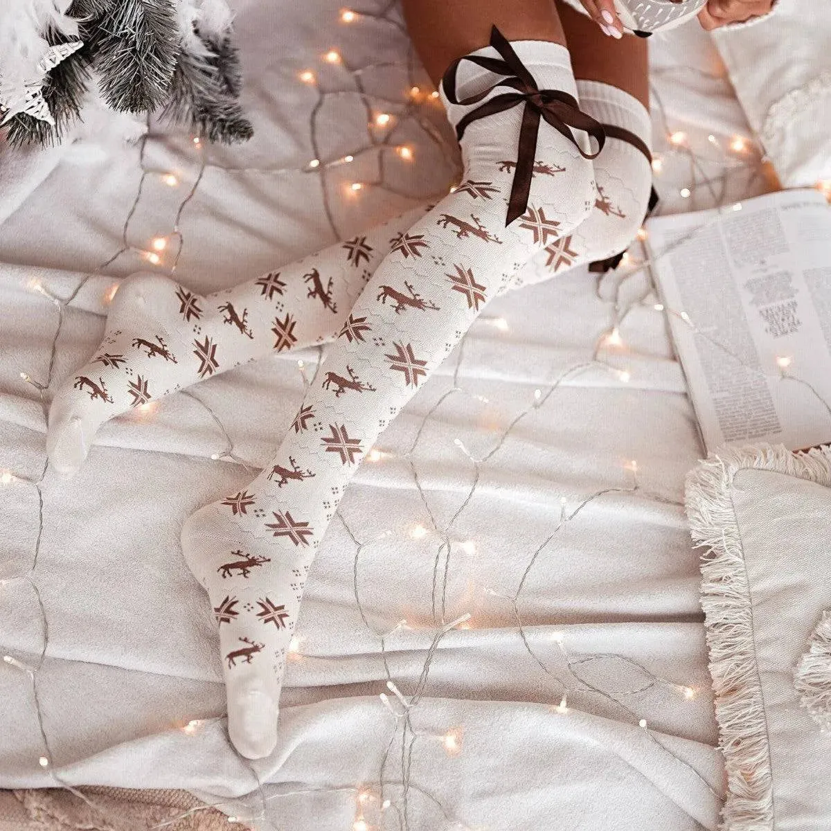 Holiday Bowknot Ribbed Over-the-Knee Socks