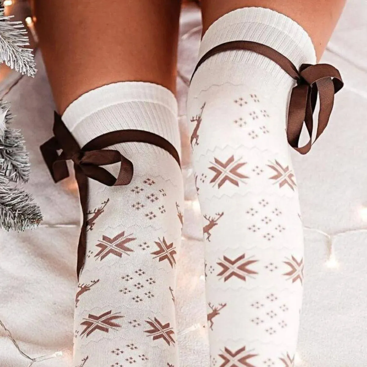 Holiday Bowknot Ribbed Over-the-Knee Socks