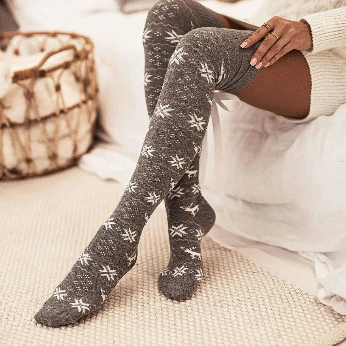 Holiday Bowknot Ribbed Over-the-Knee Socks