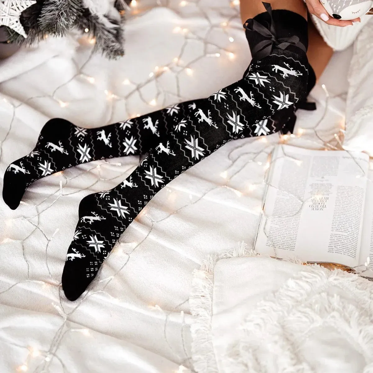 Holiday Bowknot Ribbed Over-the-Knee Socks