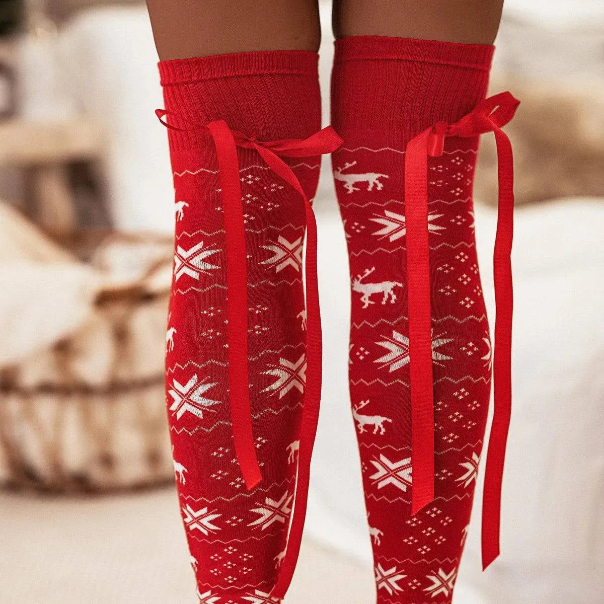 Holiday Bowknot Ribbed Over-the-Knee Socks