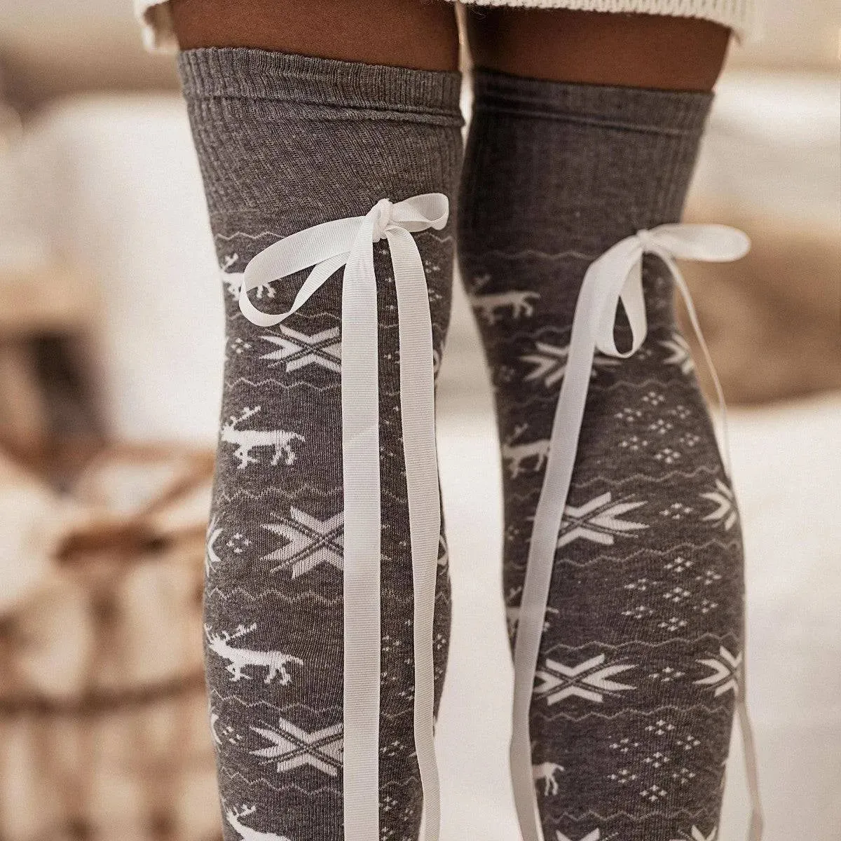 Holiday Bowknot Ribbed Over-the-Knee Socks