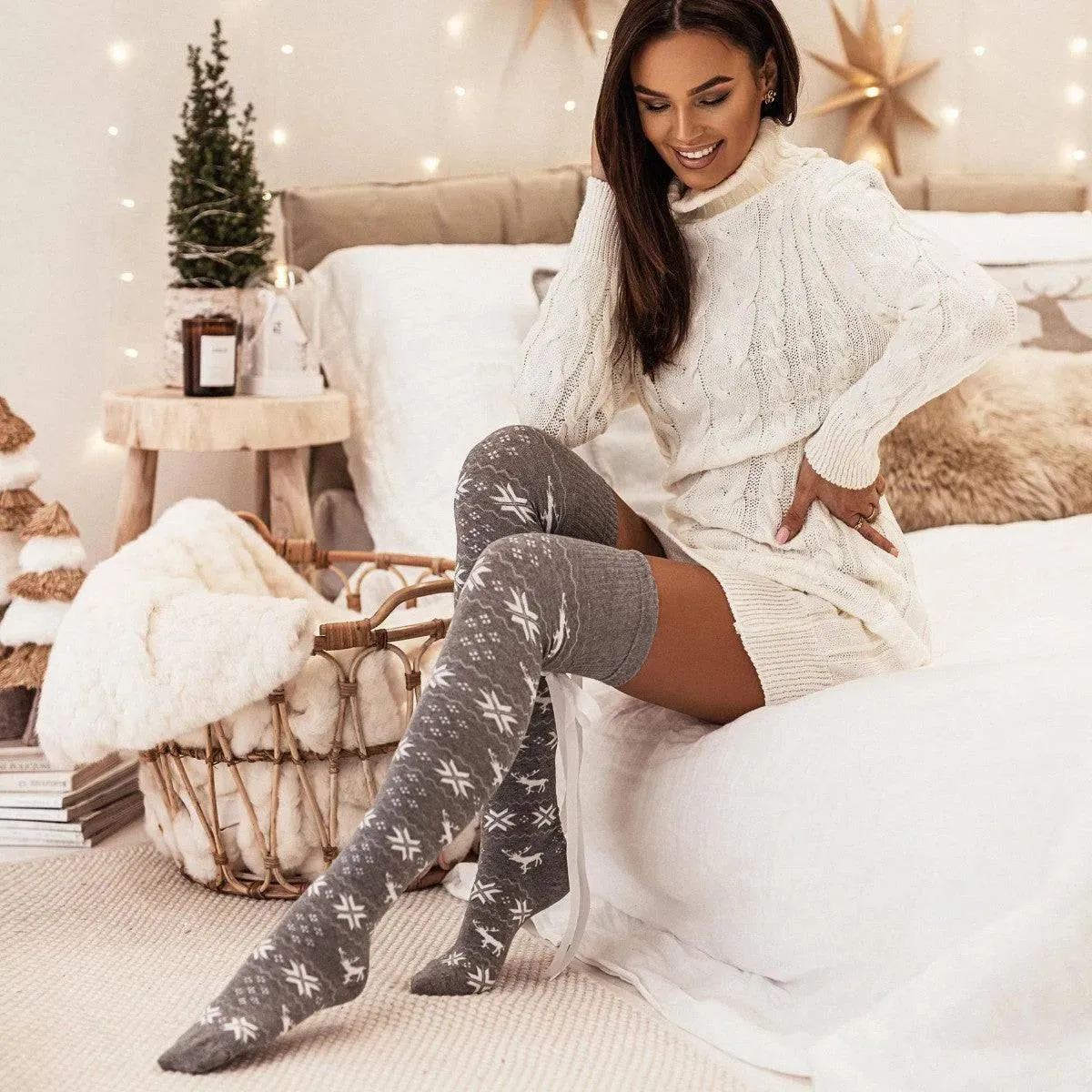 Holiday Bowknot Ribbed Over-the-Knee Socks