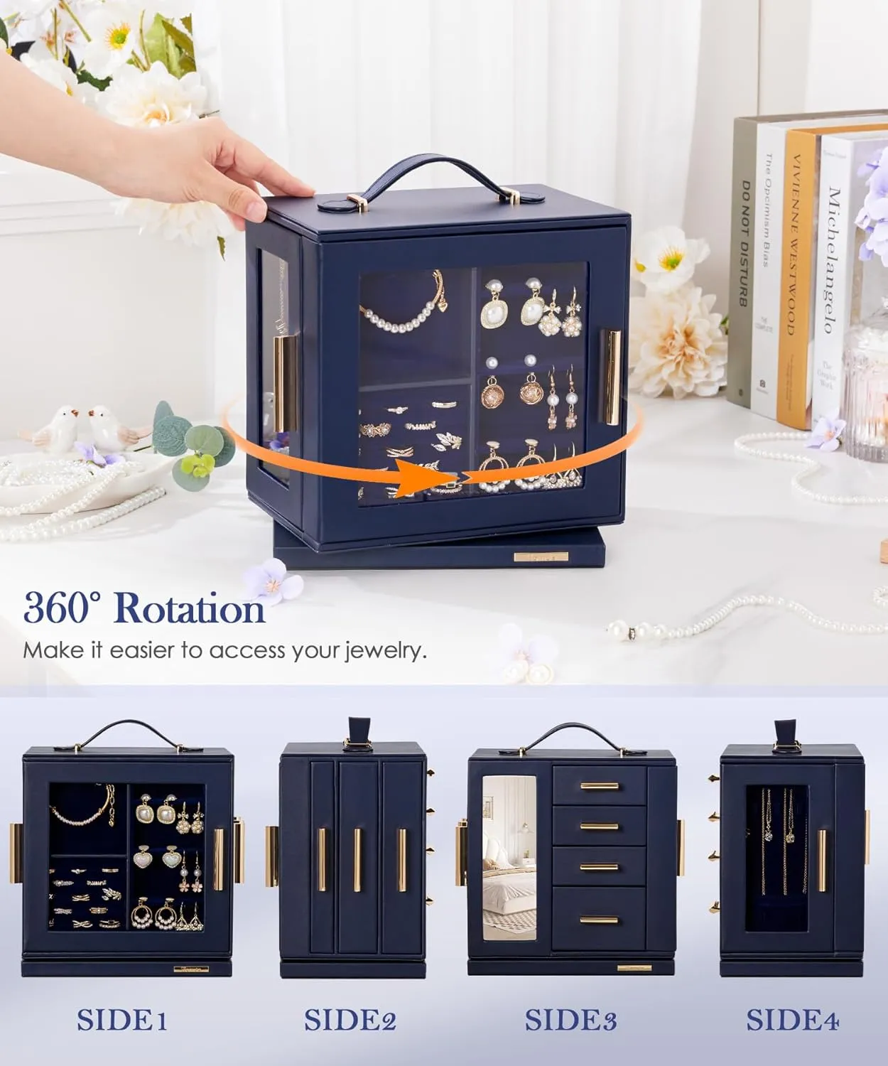 Homde Jewelry Box 360° Rotating, Necklace Earring Organizer with Transparent Window, Mirror, 7 Drawers, Large Ring Display Storage Case for Girls Women (Dark Blue)