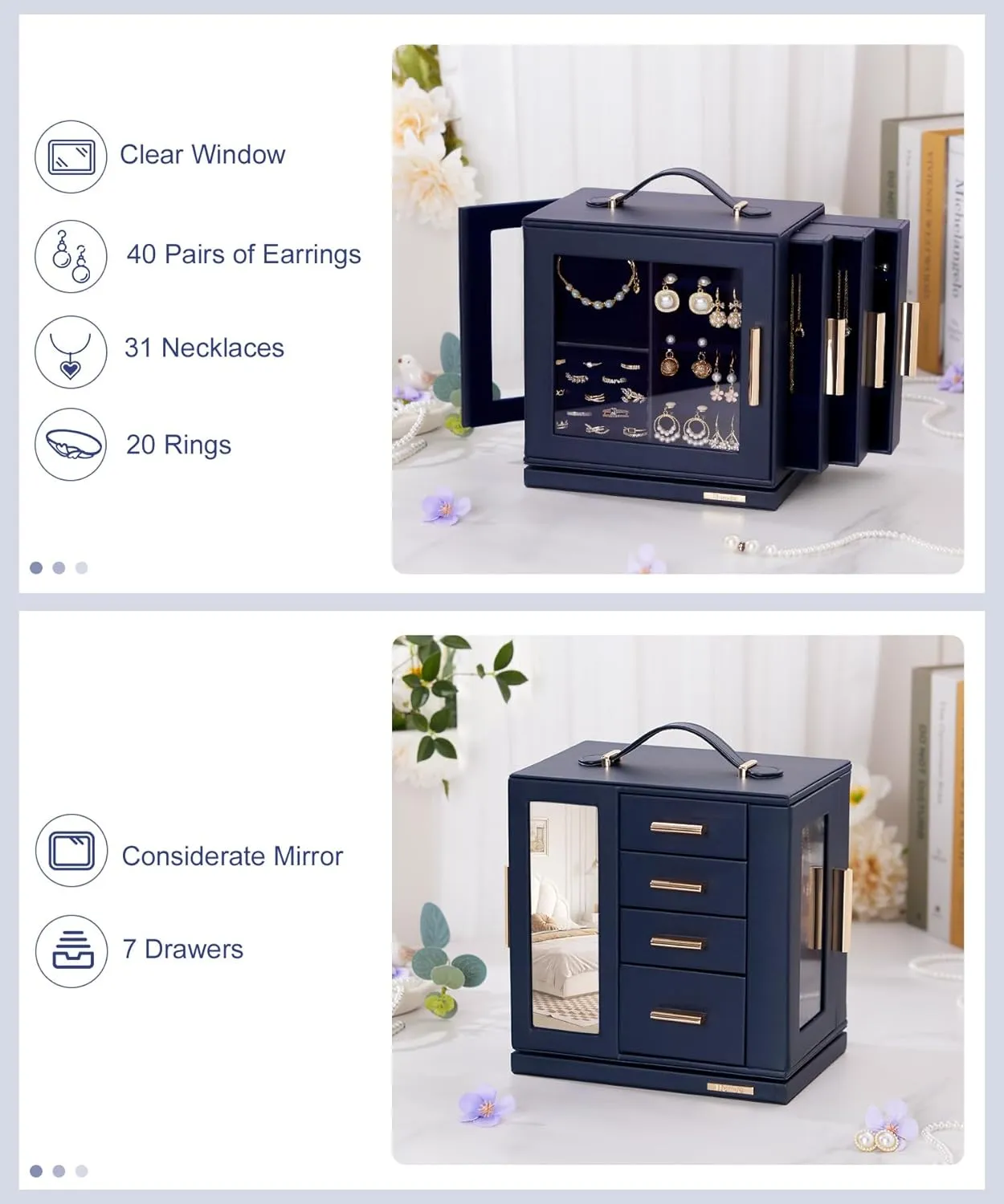 Homde Jewelry Box 360° Rotating, Necklace Earring Organizer with Transparent Window, Mirror, 7 Drawers, Large Ring Display Storage Case for Girls Women (Dark Blue)