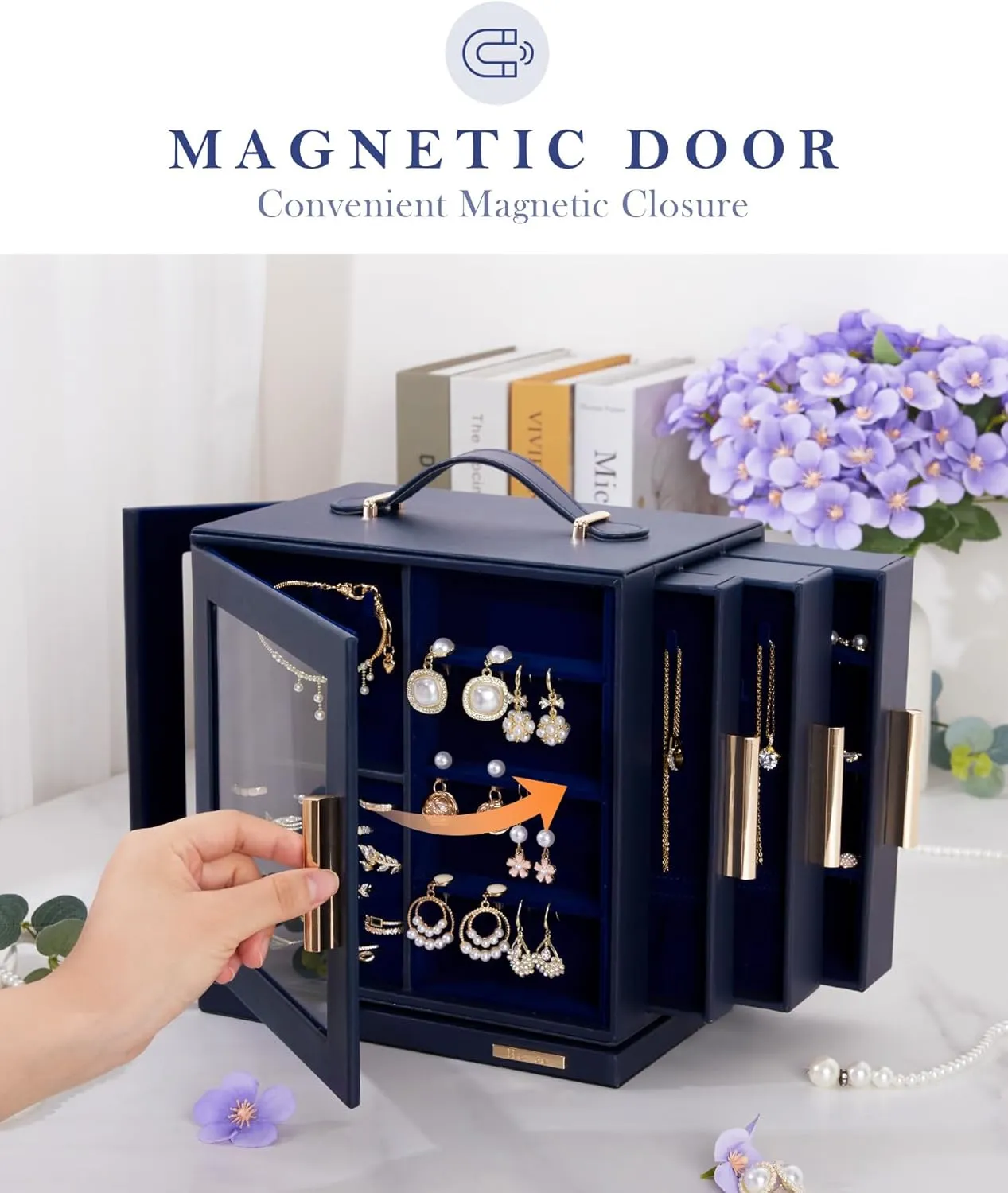 Homde Jewelry Box 360° Rotating, Necklace Earring Organizer with Transparent Window, Mirror, 7 Drawers, Large Ring Display Storage Case for Girls Women (Dark Blue)