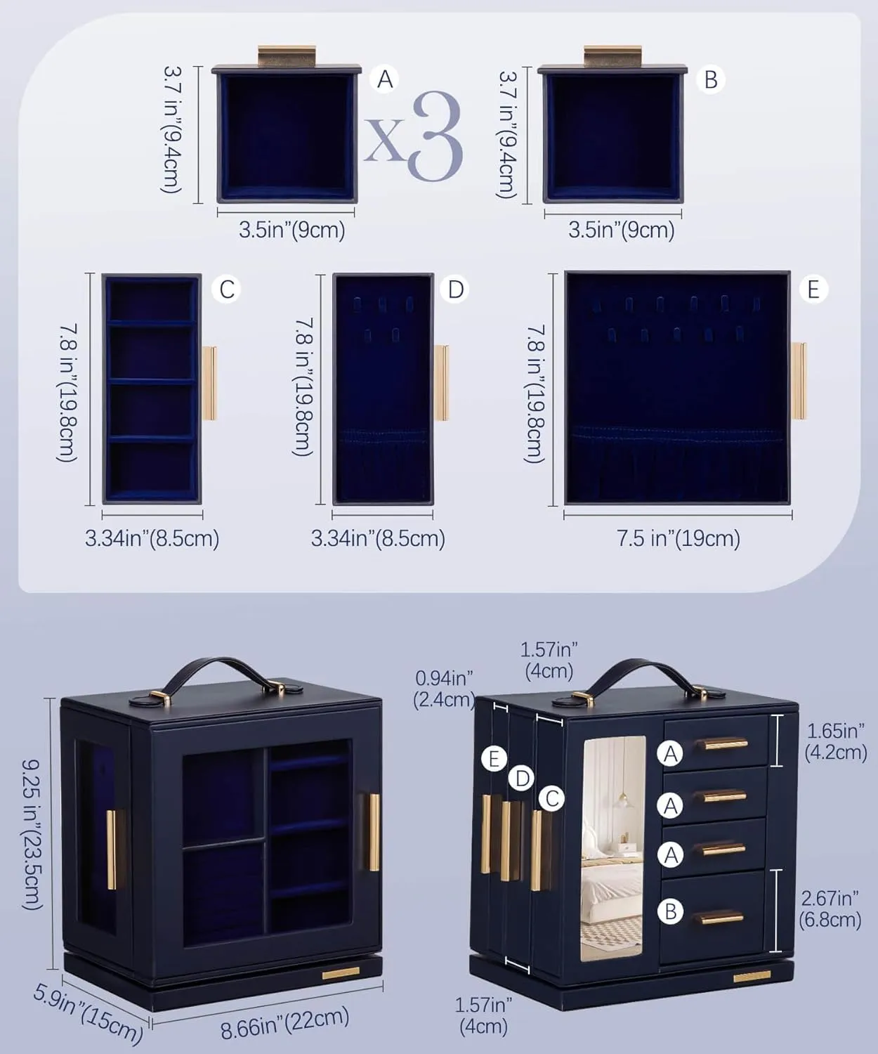 Homde Jewelry Box 360° Rotating, Necklace Earring Organizer with Transparent Window, Mirror, 7 Drawers, Large Ring Display Storage Case for Girls Women (Dark Blue)