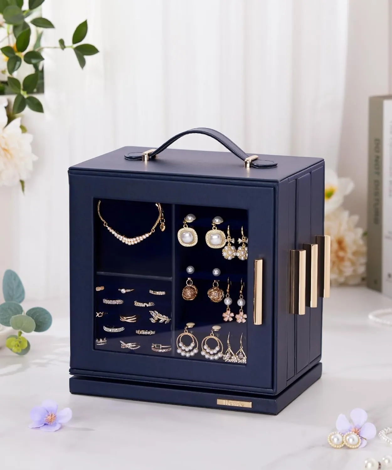 Homde Jewelry Box 360° Rotating, Necklace Earring Organizer with Transparent Window, Mirror, 7 Drawers, Large Ring Display Storage Case for Girls Women (Dark Blue)